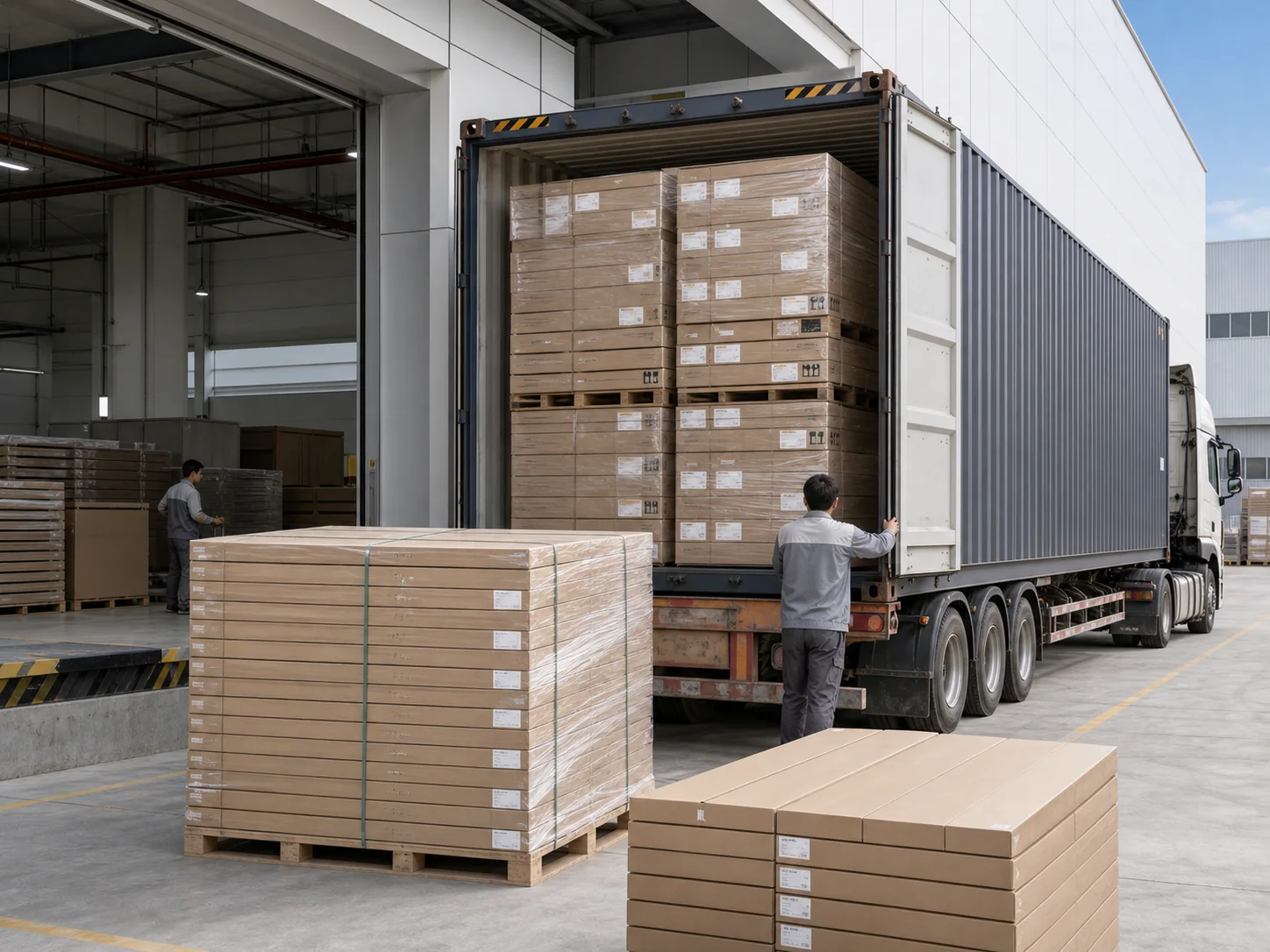 Flat pack furniture cartons loaded into export shipping container