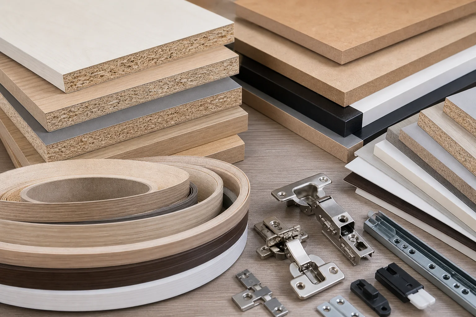 Particle board material samples for panel furniture manufacturing