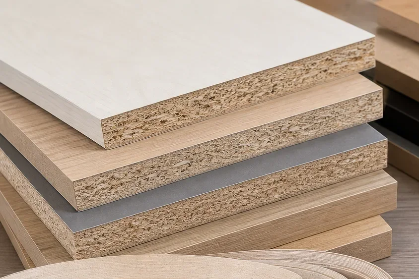 Particle board material samples for panel furniture manufacturing